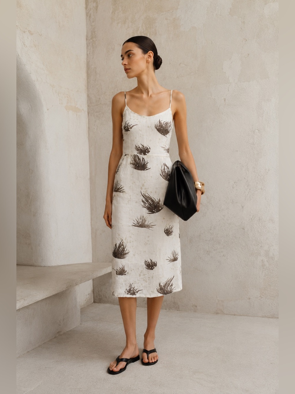 Objects Without Meaning 100% Linen Amber dress in cream tan print midi length. L